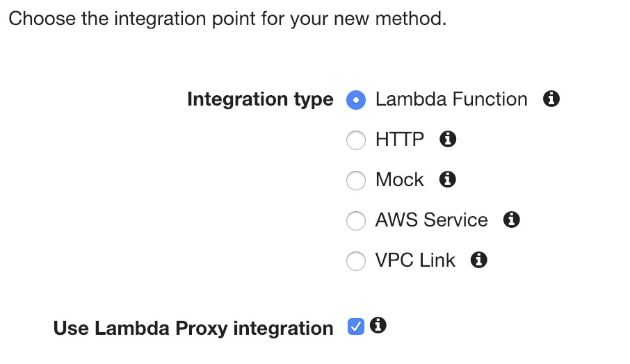 Choose the integration point for your new method.

Integration type @ Lambda Function @
HTTP @
Mock @
AWS Service @
VPC Link @

Use Lambda Proxy integration ti)