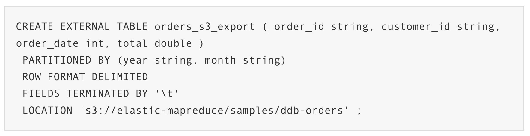 CREATE EXTERNAL TABLE orders_s3_export ( order_id string, customer_id string,
order_date int, total double )

PARTITIONED BY (year string, month string)

ROW FORMAT DELIMITED

FIELDS TERMINATED BY '\t'

LOCATION 's3://elastic-mapreduce/samples/ddb-orders'