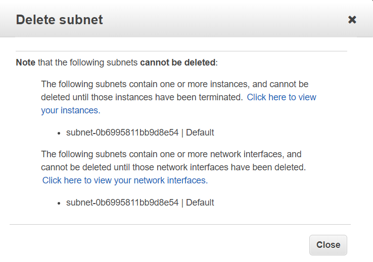 Delete subnet

Note that the following subnets cannot be deleted:

The following subnets contain one or more instances, and cannot be
deleted until those instances have been terminated. Click here to view
your instances.

+ subnet-0b6995811bb9d8e54 | Default

The following subnets contain one or more network interfaces, and
cannot be deleted until those network interfaces have been deleted.
Click here to view your network interfaces.

+ subnet-0b6995811bb9d8e54 | Default

Close