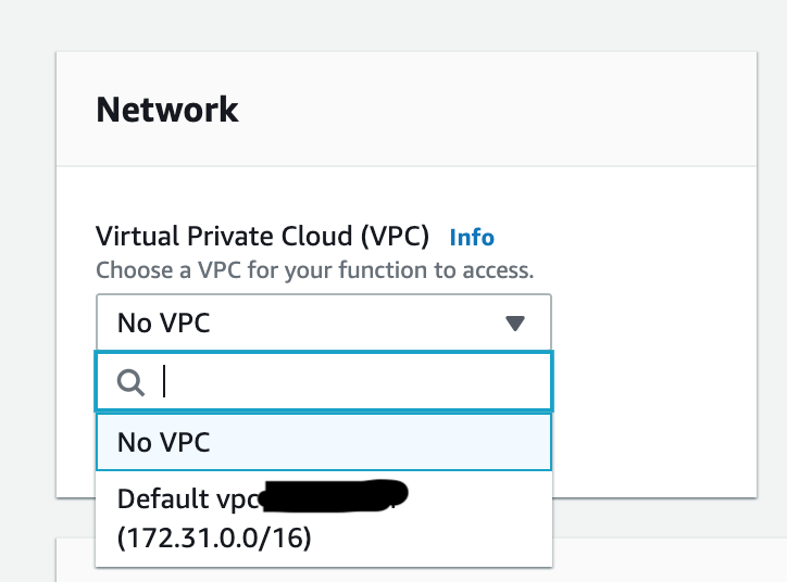 Network

Virtual Private Cloud (VPC) Info
Choose a VPC for your function to access.

No VPC v
No VPC
— Default vp

(172.31.0.0/16)