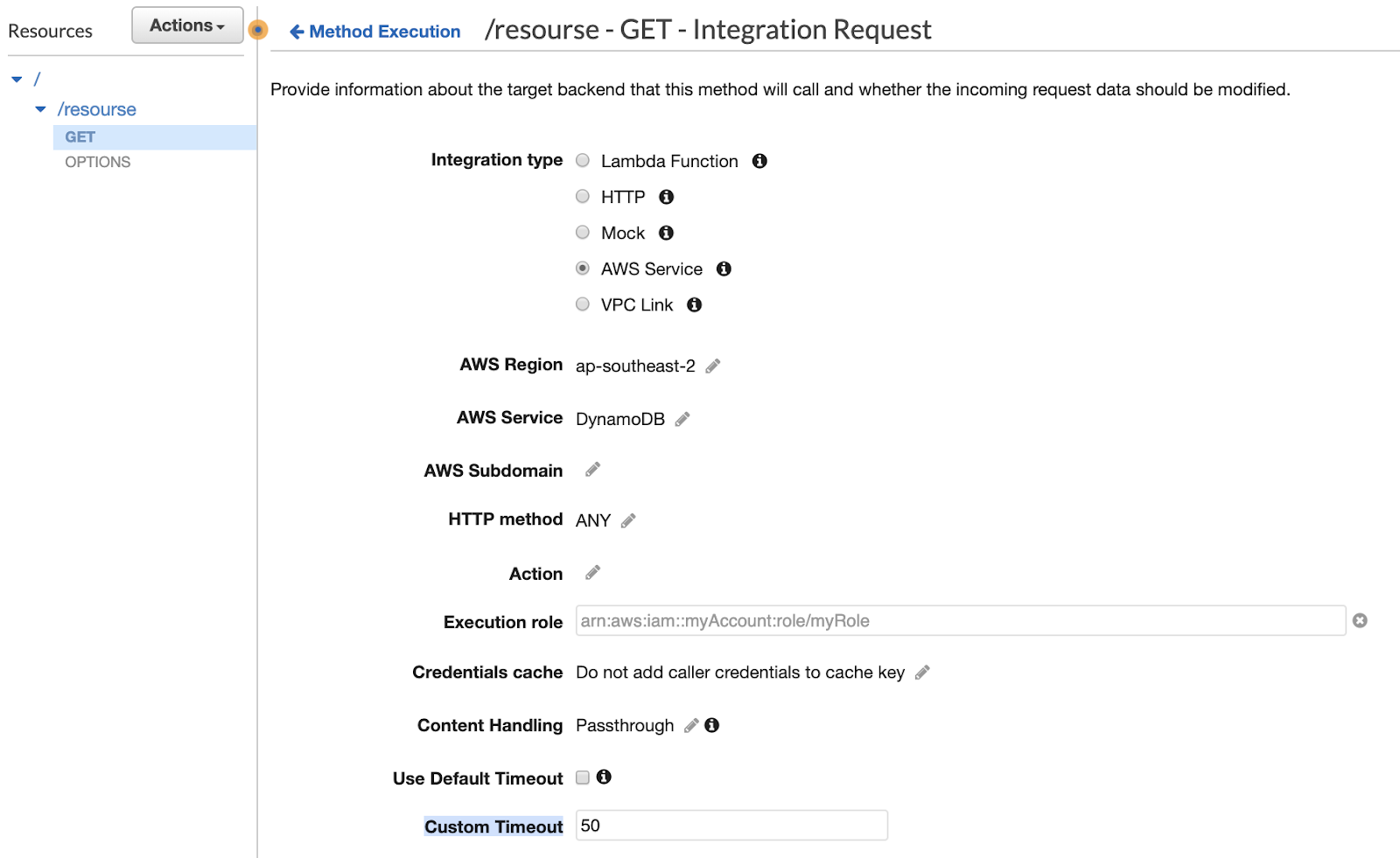 Actions~ @ €Method Execution /resourse - GET - Integration Request

Resources
v/ Provide information about the target backend that this method will call and whether the incoming request data should be modified.
~ /resourse
GET
OPTIONS Integration type © Lambda Function @
HTTP @
Mock @

® AWS Service @
VPC Link @

AWS Region ap-southeast-2 #
AWS Service DynamoDB #

AWS Subdomain #

HTTP method ANY #

Action #

Execution role arn:aws:iam::myAccount:role/myRole
Credentials cache Do not add caller credentials to cache key #
Content Handling Passthrough # @

Use Default Timeout  @

Custom Timeout 50