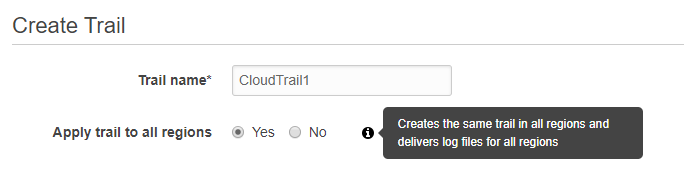 Create Trail

Trail name* | CloudTrailt

Apply trail to all regions @ Yes © No