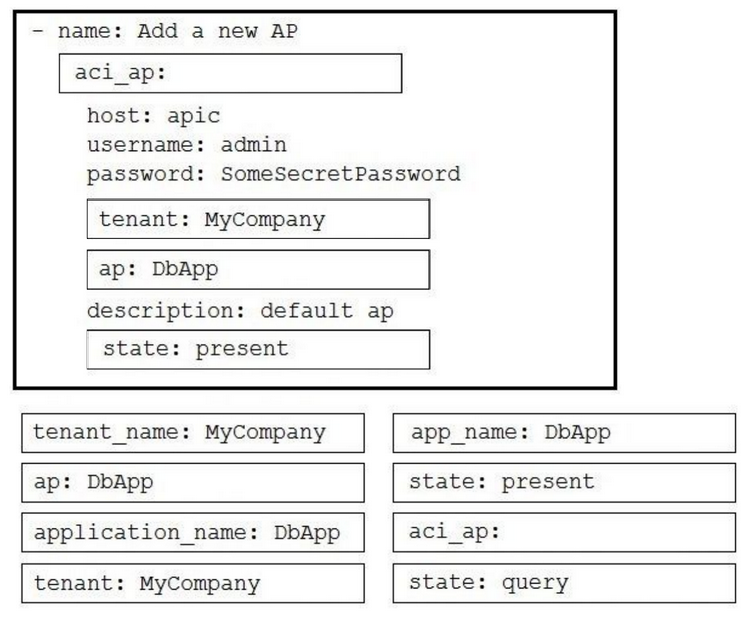 - name: Add a new AP

aci_ap:

host: apic
username: admin
password: SomeSecretPassword

tenant: MyCompany

ap: DbApp

description: default ap

state: present

tenant_name: MyCompany app_name: DbApp
ap: DbApp state: present
application_name: DbApp aci_ap:

tenant: MyCompany state: query
