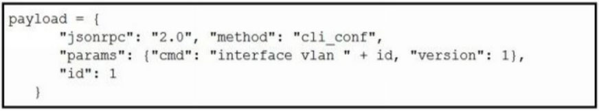 payload =
"jsonrpc": "2.0", "method": "cli_conf",

"params": {"cmd": “interface vlan " + id, “version”: 1},
"40% 2