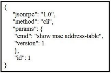 "jsonrpe": "1.0",
"method": "cli",

"params": {

"cmd": "show mac address-table",

"version": 1

}