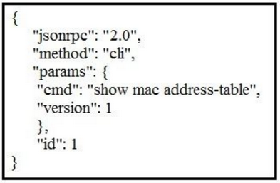 "jsonrpe": "2.0",
"method": "cli",

"params": {

"cmd": "show mac address-table",

"version": 1

}