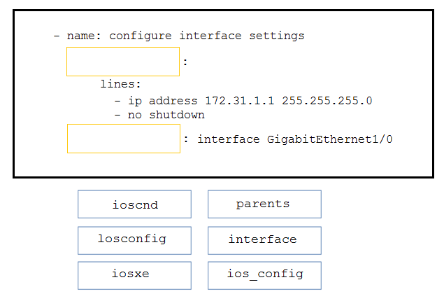 - name: configure interface settings

lines:

- ip address 172.31.1.1 255.255.255.0
- no shutdown

interface GigabitEthernet1/0

[_tecena] [parents |

| losconfig | interface

| dosxe | ios_config