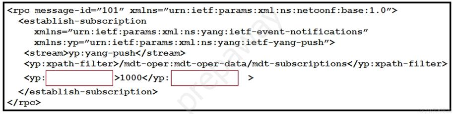 <rpe message-id="101" xmlns="urn: ietf:params:xml:ns:netconf:base:1.0”>
<establish-subscription
xmlns="urn: iet£:params : xml :ns:yang: ietf-event-notifications”
xmlns :yp="urn: ietf:params:xml:ns:yang:ietf-yang-push”>
<stream>yp : yang-push</stream>

<yp:xpath-filter>/mdt-ope:

<yp:

\dt-oper-data/mdt-subscriptions</yp:xpath-filter>

>1000</yp:

>

</establish-subscription>

</xpe>