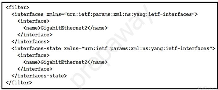 <filter>
<interfaces xmlns="urn:ietf:params:xml:ns:yang: ietf-interfaces”>
<interface>
<name>GigabitEthernet2</name>
</interface>
</interfaces>

<interfaces-state xmlns="urn: ietf:params:xml:ns:yang: ietf-interfaces”>
<interface>
<name>GigabitEthernet2</name>
</interface>
</interfaces-state>
</filter>