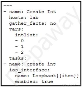 Create Int
hosts: lab
gather_facts: no
vars:

intlist:

name: create int

ios_interface:
name: Loopback{{item}}
enabled: true