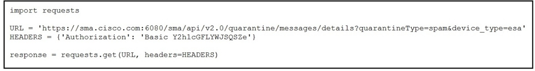 import requests

URL = 'https://sma.cisco.com:6080/sma/api/v2.0/quarantine/messages/details?quarantineType=spamédevice_type=esa'

HEADERS = {'Authorization': ‘Basic Y2h1cGFLYWJSQSZe'}

response = requests.get (URL, headers-HEADERS)
