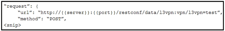 “request”: {
“url”: “http://{{server}}:{{port}}/restconf/data/13vpn:vpn/13vpn=test”,

“method”: “POST”,
<snip>