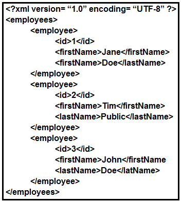 <?xml version= “1.0” encoding= “UTF-8” ?>
<employees>
<employee>
<id>1<fid>
<firstName>Jane</firstName>
<firstName>Doe<llastName>
<lemployee>
<employee>
<id>2<fid>
<firstName>Tim<ifirstName>
<lastName>Public</lastName>
<lemployee>
<employee>
<id>3<fid>
<firstName>John<ifirstName
<lastName>Doe</latName>
<lemployee>
<lemployees>