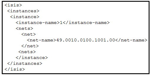 <isis>
<instances>
<instance>
<instance-name>i</instance-name>
<nets>
<net>

<net-name>49.0010.0100.1001.00</net-name>
</net>
<nets>
</instance>
</instances>
</isis>