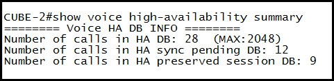 ICUBE-2#show voice high-availability summary
Voice HA DB INFO
Number of calls in HA DB: 28 (MAX: 2048)

Number of calls in HA sync pending DB: 12
Number of calls in HA preserved session DB: 9
