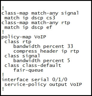 !
class-map match-any signal
match ip dscp cs3
iclass-map match-any rtp
ymatch ip dscp ef
jpolicy-map VoIP
class rtp

bandwidth percent 33

compress header ip rtp
class signal
bandwidth percent 5
class _class-default
fair-queue

interface serial 0/1/0

service-policy output VoIP
!