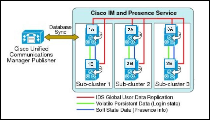 Cisco Unified
Communications
Manager Publisher

Cisco IM and Presence Service

Sub-cluster 1

Sub-cluster 2

Sub-cluster 3

IDS Global User Data Replication
Volatile Persistent Data (Login state)
———— Soft State Data (Presence info)