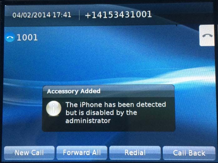 04/02/2014 17:41 | +14153431001

@ 1001 |

The iPhone has been detected

but is disabled by the
administrator