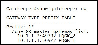 Gatekeeper#show gatekeeper gw

GATEWAY TYPE PREFIX TABLE

Prefix: 1
Zone GK master gateway list:
10.1.1.2:49392 HQGK_2
10.1.1.1:50972 HQGK_1