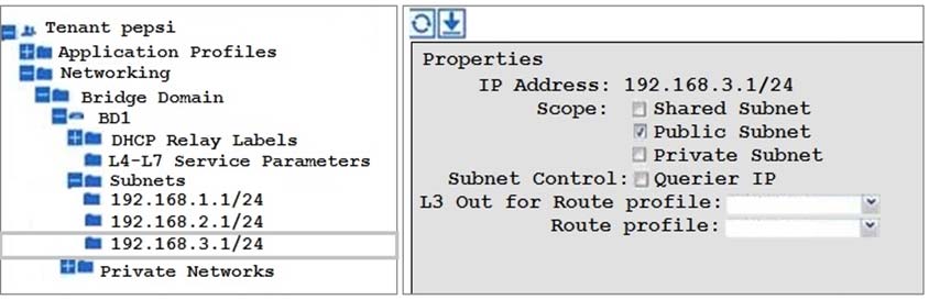 mj as Tenant pepsi
(im Application Profiles
(lia Networking
Gim Bridge Domain
Ge spi
im Dicp Relay Labels
f{™ L4-L7 Service Parameters
Sm subnets
@ 192.168.1.1/24
M@ 192.168.2.1/24
fi 192.168.3.1/24

iM private Networks

oy)

Properties
IP Address: 192.168.3.1/24

Scope: [) Shared Subnet

“Public Subnet

O private Subnet

Subnet Control: {jQuerier IP

13 Out for Route profile:
Route profile: