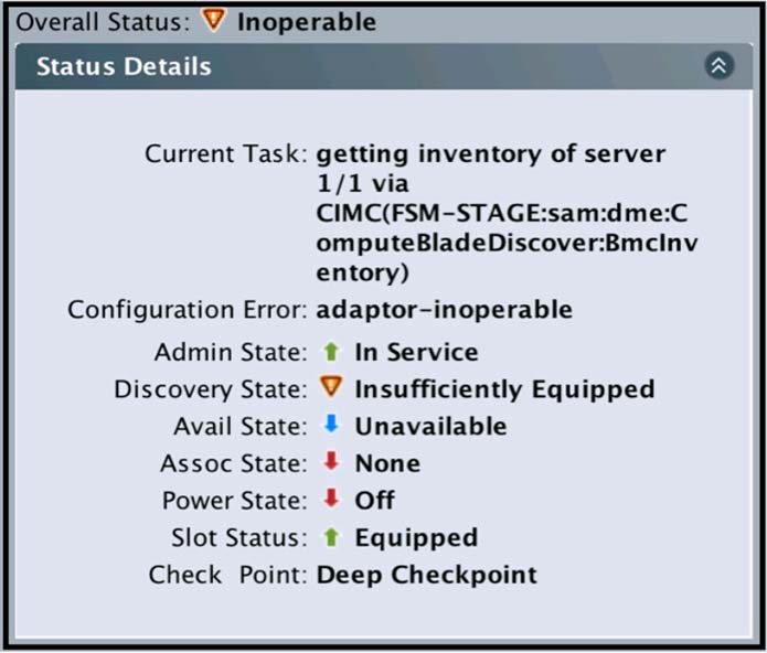 Overall Status: Inoperable

Status Details

Current Task:

Configuration Error:
Admin State:
Discovery State:
Avail State:

Assoc State:

Power State:

Slot Status:

Check Point:

getting inventory of server
1/1 via
CIMC(FSM-STAGE:sam:dme:C
omputeBladeDiscover:Bmcinv
entory)

adaptor-inoperable

? In Service

VY insufficiently Equipped
# Unavailable

4+ None

+ Off

t Equipped

Deep Checkpoint