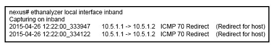 nexus# ethanalyzer local interface inband

Capturing on inband
2015-04-26 12:22:00 333047 10.5.1.1-> 1051.2 ICMP 70 Redirect (Redirect for host)

2015-04-26 12:22:00 334122 105.1.1->105.1.2 ICMP 70 Redirect (Redirect for host)