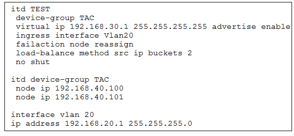 itd TEST

device-group TAC

virtual ip 192.168.30.1 255.255.255.255 advertise enable
ingress interface vlan20

failaction node reassign

load-balance method src ip buckets 2

no shut

itd device-group TAC
node ip 192.168.40.100
node ip 192.168.40.101

interface vlan 20
ip address 192.168.20.1 255.255.255.0
