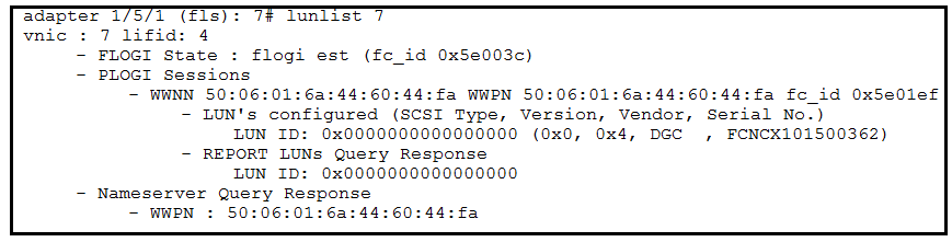 adapter 1/5/1 (fis): 7
vnic : 7 lifid: 4

- FLOGI State : flogi est (fc_id 0x5e003c)
- PLOGI Sessions

= WWNN 50:06:01:6a:44:60:44:fa WWPN 50:06:01:6a:44:60:44:fa fc_id OxSe0lef
- LUN's configured (SCSI Type, Version, Vendor,

Serial No.)

LUN ID: 0x0000000000000000 (0x0, 0x4, DGC , FCNCX101500362)

- REPORT LUNs Query Response

LUN ID: 0x0000000000000000
- Nameserver Query Response

- WWPN : 50:06:01:6a:44:60:44:fa