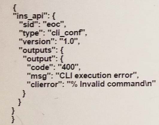 "type": “cli _conf”,
“version”: "1.0",
"outputs": {
“output”: {
"code": "400",
"msg": “CLI execution error”,
“clierror”: "% Invalid command\n"

we