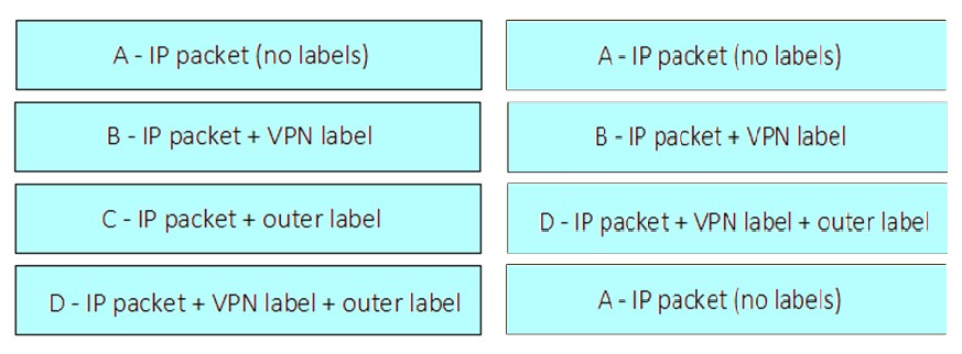 A- IP packet (no labels) A-IP packet (no labels)

B - IP packet + VPN label B - IP packet + VPN label

C- IP packet + outer label D-IP packet + VPN label + outer label

D-IP packet + VPN label + outer label A- IP packet (no labels)