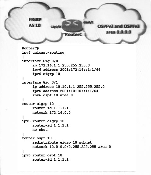 4ipv6 unicast-routing

I

interface Gig 0/0
4p 172.16.1.1 255.255.255.0
4pv6 address 2001:172:16::1:1/66
4pv6 eigrp 10

I
interface Gig 0/1
4p address 10.10.1.1 255.255.255.0
4pv6 address 2001:10:10::1:1/64
4pv6 ospf 10 area 0
I
router eigrp 10
router-id 1.1.1.1
network 172.16.0.0
I
ipv6 router eigrp 10
router-id 1.1.1.1
no shut
I
router ospf 10
redistribute eigrp 10 subnet
network 10.0.0.0/0.255.255.255 area 0
I
pv router ospf 10
router-id 1.1.1.1
