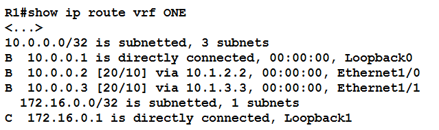 R1l#show ip route vrf ONE

<2. >

10.0.0.0/32 is subnetted, 3 subnets

B 10.0.0.1 is directly connected, 00:00:00, Loopbacko

B 10.0.0.2 [20/10] via 10.1.2.2, 00:00:00, Ethernet1/0

B 10.0.0.3 [20/10] via 10.1.3.3, 00:00:00, Ethernet1/1
172.16.0.0/32 is subnetted, 1 subnets

¢€ 172.16.0.1 is directly connected, Loopback1