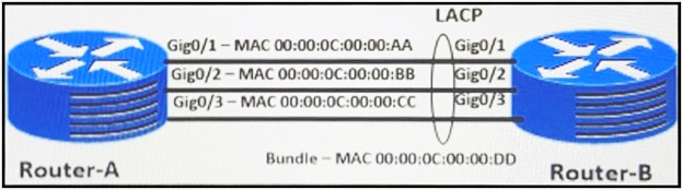 Gig0/1 — MAC 00:00:0C:00:00:AA
Gig0/2 ~ MAC 00:00:0C:00:00:BB

es Gigo/3 — MAC 00:00:0C:00:00:CC
=

Bundle ~ MAC 00:00:0C:00:00:0
Router-A Router-B