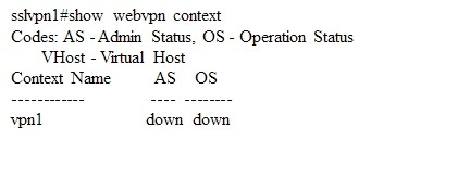 sslvpnl#show webypn context

Codes: AS - Admin Status, OS - Operation Status
‘VHost - Virtual Host

Context Name AS OS.

vpal down down