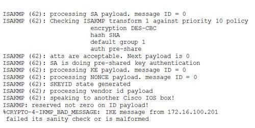 processing SA payload. message ID = 0
Checking ISAKMP transform 1 against priority 10 policy
encryption DES-cBC
hash SHA
default group 1
auth pre-share

‘ISAKMP atts are acceptable. Next payload is 0
ISAKMP SA is doing pre-shared key authentication
ISAKMP processing KE payload. message ID = 0
ISAKMP (62)! processing NONCE payload. message ID = 0
ISAKMP SKEYID state generated

ISAKMP (62); processing vendor id payload
ISAKMP Speaking to another Cisco IOs box!

ISAKMP: reserved not zero on ID payload!

CRYPTO-4-TKMP_HAD MESSAGE: IKE message from 172.16.100.201
failed its sanity check or is malformed