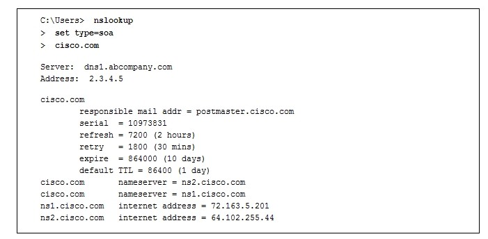 \Users> nslookup
> set type=soa
> cisco.com

Server: dnel.abcompany.com
Address: 2.3.4.5

responsible mail addr = postmaster.cisco.com
serial = 10973831

refresh = 7200 (2 hours)
retry = 1800 (30 mins)
expire = 864000 (10 days)
default TTL = 86400 (1 day)
cigco.com nameserver = nel.cigco.com

nel.cigco.com internet address = 72.163.5.201

ne2.cigco.com internet address = 64.102.255.44