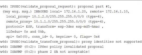 W6d: TPSEC(validate_proposal_request): proposal part #1,
(key eng. msg.) INBOUND local= 172.16.1.20, renote= 172.16.1.10,
ocal_proxy= 10.1.2.0/255.255.255.0/0/0 (type=4),
remote proxy= 10.1.1,0/255.255.255.0/0/0 (type=4),
protocol= ESP, transform= esp-3des esp-md5-hmac ,
lifedur= 0s and Okb,
spi= 0x0(0), conn_id= 0, keysize= 0, flags= Ox4
Wd: IPSEC(validate_transform proposal): proxy identities not supported
Wed: ISAKMP (022): IPSec policy invalidated proposal
wed: ISAKMP (0:2): phase 2 SA not acceptable!