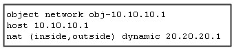 object network obj-10.10.10.4
host 10.10.10.1
nat (inside,outside) dynamic 20.20.20.1