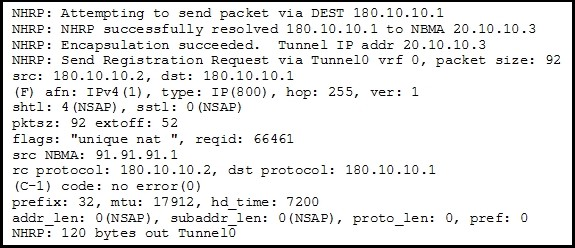 NHRP:
NHRE

Attempting to send packet via DEST 180.10.10.1

NERP successfully resolved 180.10.10.1 to NBMA 20.10.10.3
NHRP: Encapsulation succeeded. Tunnel IP addr 20.10.10.3

NHRP: Send Registration Request via Tunnel vrf 0, packet size: 92
src: 180.10.10.2, dst: 180.10.10.1

(F) afm: IPv4(1), type: IP(B00), hop: 255, ver: 1

shtl: 4(NSAP), stl: 0 (NSAP)

pktez: 92 extoff: 52

flags: “unique nat ", reqid: 66461

sxc NEMA: 91.91.91.1

xe protocol: 180.10.10.2, dst protocol: 180.10.10.1

(C-1) code: no error (9)

prefix: 32, mtu: 17912, hd_time
addz_len: O(NSAP), subaddr_len:
NHRP? 120 bytes out Tunnel

7200
O(NSAP), proto_len: 0, pref: 0