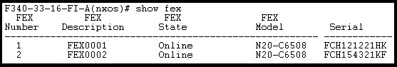 F340-33-16-FI-A(nxos)# show fex
FEX FEX FEX
Nunber Description State

FEXOO01
FEX0002

N20-Cé6508
N20-C6508

Serial

FCH121221HK
FCHIS4321KF