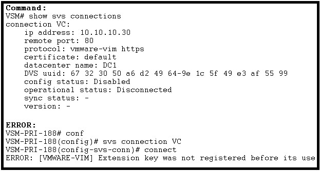 ‘Command :
VSM# show svs connections
connection VC:
ip address: 10.10.10.30
remote port: 80
protocol: viware-vim https
certificate: default
datacenter name: DCL
DVS uuid: 67 32 30 50 a6 d2 49 64-9e le Sf 49 e3 af 55 99
config status: Disabled

operational status: Disconnected
syne status: -
version: -

ERROR:
VSM-PRI-188# conf

VSM-PRI-188(config)# svs connection VC
VSM-PRI-188(config-svs-conn)# connect

ERROR: [VMWARE-VIM] Extension key was not registered before its use
