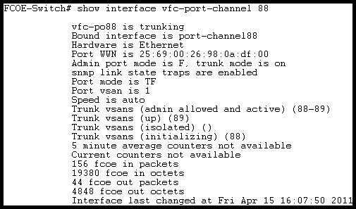 IFCOE-Switch# show interface vfc-port-channel 88

vic-po88 is trunking

Bound interface is port-channel8é

Hardvare is Ethernet

Port WWN is 25:69:00:26:98:0a:dé:00

Admin port node is F. trunk mode is on

snmp link state traps are enabled

Port made is TF

Port vsan is 1

Speed is auto

Trunk vsans (adnin allowed and active) (88-89)
Trunk vsans (up) (83)

Trunk vsans (isolated) ()

Trunk vsans (initializing) (88)

5 minute average counters not available
Current counters not available

186 fooe in packets

19380 fos in actets

44 fcoe out packets

4848 Ecce out actets

Interface last changed at Fri Apr 15 16:07:50 201: