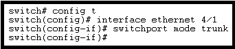 svitch# config t
svitch(config)# interface ethernet 4/1

svitch(config-if)# svitchport mode trunk
svitch(config-if)#