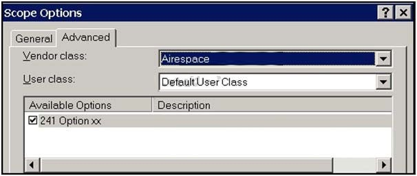 Scope Options

General Advanced |

Wendor cass a

User class: [DefaultUser Class

Available Options Description
241 Option x