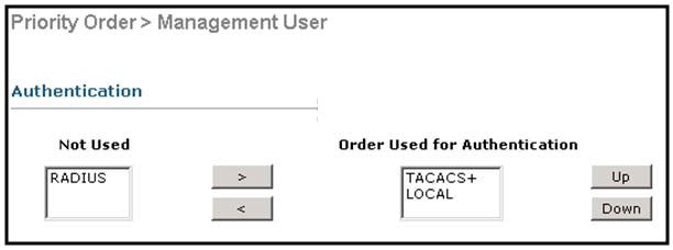 Priority Order > Management User

Authentication

Not Used Order Used for Authentication

RADIUS TACACS+
LocaL