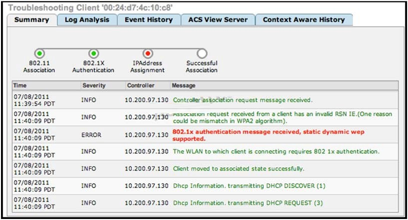Troubleshooting Client ‘00:24:d7:4c:10:c8"
Summary | Log Analysis | Event History | ACS View Server | Context Aware History

© ©

802.1X IpAddress
Authentication Assignment

11:39:54 POT 10.200.97.130 Controller'asSociation request message received.

07/08/2011 10.200.97)130-7S20c!00" request received from a client has an invalid RSN TE,(One reason
11:40:09 POT -200-97+430" could be mismatch in WPA2 algorithm).

|o7/08/2011 10.200.97.130 802-1x authentication message received, static dynamic wep
11:40:09 POT -200.97.130 supported.

07/08/2011 e
11040009 POT 10.200.97.130 The WLAN to which client is connecting requires 802 1x authentication

(07/08/2011
Hticaocoo por. 10.200.97.130 Client moved to associated state successfully

07/08/2011 eminem =
11:40:09 POT 10.200.97.130 Dhcp Information. transmitting DHCP DISCOVER (1)

(gyoerz0ns OE eI
