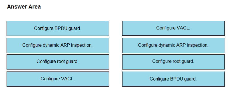 Answer Area

Configure BPDU guard Configure VACL.
Configure dynamic ARP inspection. Configure dynamic ARP inspection
Configure root guard. Configure root guard

Configure VACL. Configure BPDU guard.