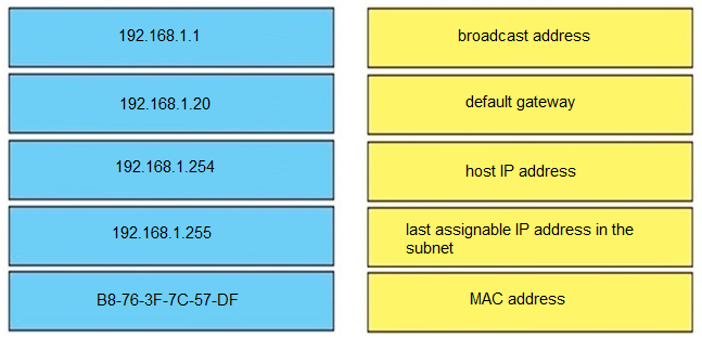 192.168.1.1

broadcast address

192.168.1.20 default gateway
RES ies host IP address
192.168.1.255 last assignable IP address in the

subnet

B8-76-3F-7C-57-DF

MAC address