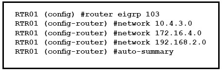 (config) #router eigrp 103
(config-router) #network 10.4.3.0
(config-router) #network 172.16.4.0

(config-router) #network 192.168.2.0
(config-router) #auto-summary