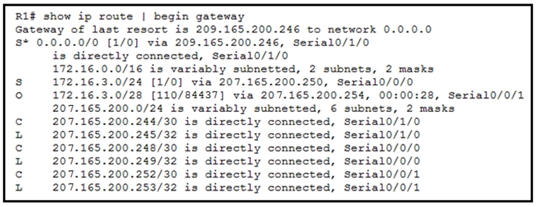 Rig show ip route | begin gateway
Gateway of last resort is 209.165.200.246 to network 0.0.0.0
S* 0.0.0.0/0 [1/0] via 209.165.200.246,
is directly connected, Serial0/1/0
172.16.0.0/16 is variably subnetted, 2 subnets, 2 masks
172.16.3.0/24 [1/0] via 207.165.200.250, Serial0/0/0
172.16.3.0/28 [(110/84437] via 207.165.200.254, 00: 8, Serial0/0/1

207.165.
207.165.
207.165.
207.165.
207.165.
207.165.
207.165.

200
200
200

200

248/30

252/30
253/32

is
is
is
is
is
is

directly
directly
directly
directly
directly
directly

-0/24 is variably subnetted, 6
+244/30
+245/32
200.
+249/32
200.
200.

connected,
connected,
connected,
connected,
connected,
connected,

Serial0/1/0

subnets, 2 masks
Serial0/1/0
Serial0/1/0
Serial0/0/0
Serial0/0/0
Serial0/0/1
Serial0/0/1